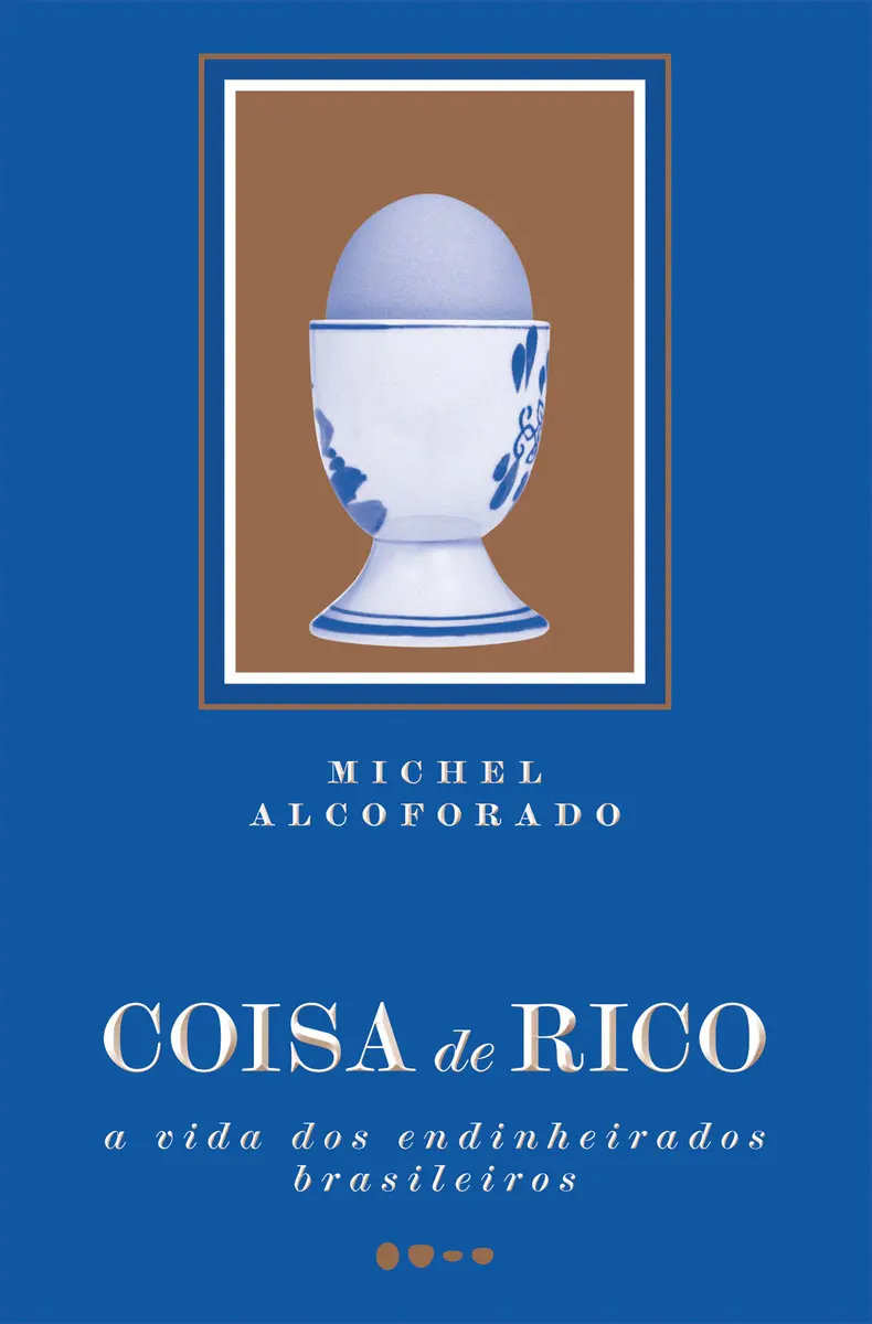 Ilustração de capa do livro 'Coisa de Rico' mostrando um homem elegante brasileiro cercado por símbolos sutis de luxo e padrões inspirados na bandeira do Brasil.