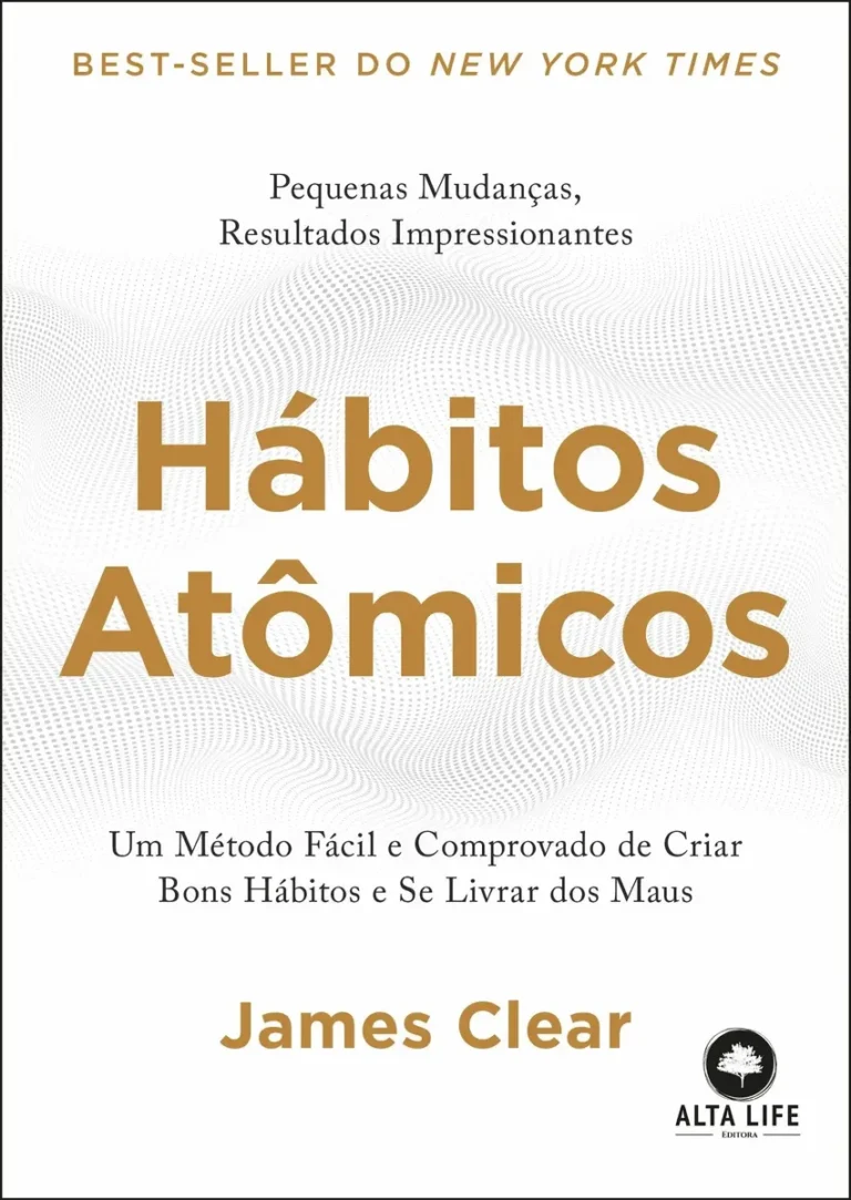 Capa do livro Hábitos Atômicos de James Clear sobre uma mesa de madeira, ao lado de um caderno, uma caneca de café e uma plantinha, com ícones representando as quatro leis da mudança de hábito.